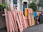 Wood, small furniture, garden Wood posts, small shelves, small furniture, small DIY bench, wheeled flat trolley, upright trolley, plastic netting, plant moss pole N4 - removed for £120