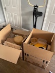 3 boxes, exorcise bike, desk 3 boxes full of house hold waste including, broken sewing machine, rusty filing cabinet and some other junk. Also an old desk, exorcise bike and cloths hanger/line. N1 - removed for £60