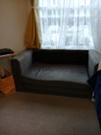 2 seater Ikea sofa bed (Askeby Ikea 2 seater sofa bed (Askeby). Covers are worn and wooden parts at the bottom of the frame are broken. Size: W: 149 cm, D: 72 cm, H: 72 cm, weight approx 38 kg according to Ikea website. SW13 - removed for £75