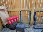 Metal, tyres, wood, cardboard 3 old small tyres, 2 deckchairs, some old toolboxes with tools and bits still in, wood privacy screen, some plastic items and buckets / pots, other plastic and general waste DD11 - removed for £120