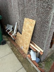 Timber Scraps & 3 Concrete Pan collection of scrap timber and 3 concrete panels removed from garage. CV5 - removed for £80