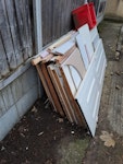 Internal Doors 9 X Internal timber doors. There's a mix of hollow panel, soild pine and glazed hardwood doors, timber off cuts, plastic box and one rubble sack of general builders waste. DA6 - removed for £80