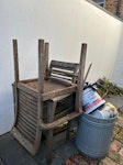 2 garden chairs, 1 garden bin 2 wooden garden chairs, 1 empty rubbish bin, old golf clubs, one small garden log W12 - removed for £55