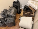 waste bags recycling bedding 5 waste bag
Mannequin torso 
Used bedding
Flattened recycling boxes
Styrofoam SE18 - removed for £50