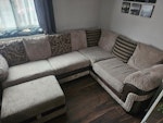 Sofa bed and poufee L sofa bed, splits in 2 6ft each. Structurally sound pillow and zip could do with repair and wash UB8 - removed for £120