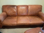 3 seater sofa + 2 seater + arm 3 piece leather suite + footstool. Fire labels attached RG5 - removed for £175