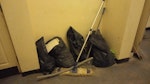 5 bags, old mop, mop handle 5 normal sized rubble sacks containing building rubble (pir, rock wool, tiles, small timber, general debris), plus one floor mop and one floor mop handle (see pics). Access via concierge (mon-sun, 0700-1900). One flight of stairs (stuff in basement). Park directly outside. W1 - removed for £75