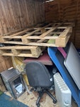 furniture 2 x pallets
1 x microwave
1 x heater
3 x chairs
4 x boards 
1 x plastic screen NW7 - removed for £125