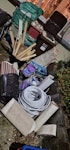 Kitch/bath diy waste mdf tiles 1x brown recycling bin + recycling crates + recycling bags of tiles/plaster from bath/kitchen refurbishment.

Pieces of MDF and battens, underlay and carpet as shown

1 piece of reinforced shower glass (approx. 6ft) + cistern pipe

1 sink pedestal

Long coil of plastic pipe (unused)

Empty tubs of grout, pain tin + 1x motor oil bottle

Electric hob TW13 - removed for £150