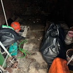 Clearance of 1 bedroom flat Sofa/armchair/rug/glass coffee table (dismantled)/wood TV stand
Chest of drawers/bed(dismantled)/mattress/side-table/lamp
Dining table/8 x dining chairs/8 x cushions/desk (dismantled)
5 x boxes of books
2 x stools
~5 x rubbish bags (crockery/glasses/picture frames/lamps/toaster etc.)
Assorted junk in under-street vault W1 - removed for £550