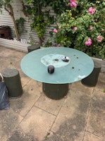 glass table & tree stump seats collected by George Allens Waste