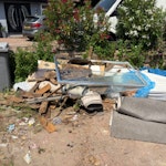 wood few carpet rolls shower shower door, few rolls of carpet. one part bed base. cardboard bit of work top off cuts fence timber. Chester draws HA0 - removed for £185