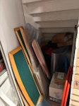 Waste collection 6x 6ft metal poster holders
wooden shelves
2 Covid screens, feet
chair
12 metal feet
coupon dispenser 
stool top 
red A frame
board
keyboard, mouse
Various electronics (Cisco)
ironing board
signs and A2 clip frames CB1 - removed for £85