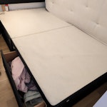 Divan bed, sofa, table& chairs Double divan bed (black) with two drawers, no mattress. IKEA table with 3 chairs (parts reusable but not while items). Futon sofa with stains and damaged backing fabric. SE8 - removed for £170