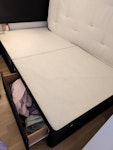 Divan bed, sofa, table& chairs Double divan bed (black) with two drawers, no mattress. IKEA table with 3 chairs (parts reusable but not while items). Futon sofa with stains and damaged backing fabric. SE8 - removed for £170