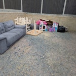Sofa, table & chairs, rug A 3 seater sofa, wooden dining table with 6 chairs, small coffee table, large rug, few small kids toys, few black bins of cardboard and other small rubbish. I have side access to the garden for collection. E4 - removed for £135