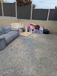 Sofa, table & chairs, rug A 3 seater sofa, wooden dining table with 6 chairs, small coffee table, large rug, few small kids toys, few black bins of cardboard and other small rubbish. I have side access to the garden for collection. E4 - removed for £135