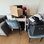 TV, chairs, desk, table, chair A 55" TV, a coffee table, 3 wooden chairs, a desk, two IKEA shelves, one shoe rack, a dog pen SE17 - removed for £165