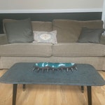3 seater sofa, 2 rugs 3 seater sofa, 2 rugs - one is cream and plain, we used it in the lounge but its been in the basement for a bit now. one is an outdoor plastic rug. The sofa is Marks and Spenser and has a fire label. S11 - removed for £140