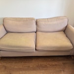 Two three-seat sofas Two three-seat sofas. Originally purchased from made.com.
They are a beige / sand colour. Still very comfortable. There are marks on the seat cushions which you can see in the photos.
Fire safety labels are still there on both sofas.
Approximate dimensions;
Width 195 / Depth 90 / Height 85 (including back cushions) CR0 - removed for £120