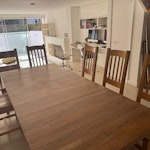 Solid oak table and 6 chairs Table size 180cm x 100cm basic size
225cm x 100cm with table extension
Height of table is normal standard.
Extension slots beneath when not in use. 6 chairs also solid oak. NW3 - removed for £0