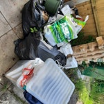 Collection of mixed waste 8 rubbish bags filled to varying degrees, a large plastic tub, and some miscellaneous packaging materials. All bags filled with mixed waste WA3 - removed for £90