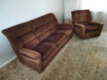 3-seat sofa & armchair Old 3-seater sofa and armchair, brown fabric covered, do not meet fire safety regulations for re-use. SL6 - removed for £95