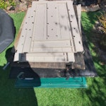 Garden Stuff shed/furniture/+ 1. Broken down plastic garden storage box 6'x3'x4'
2. Garden Steel dining table + 4 chairs (tiled/concrete top (heavy))
3. 2 aluminium garden chairs
4. 1 single Ratan chair
5. Glass show door RG42 - removed for £180