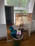 Household items Canvas wall art, 3 black picture frames, 2 big plant pots (40cm), full length wall leaning mirror, retro floor arc lamp (dismantled but still working), throw blankets and book ends SE10 - removed for £40