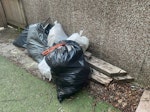 bin bags + 3 small sleepers 3 small railway sleepers not much good 2 bin bags wet ceiling plasterboard from leaking pipe    5 bin bags light household waste,         cardboard, garden bits.
Stuff at BACK of house accessed from GOVAN Street. large double gates will be open.
might be one bit of metal garden arch if I can get it off! 
(old age is a bad plan !) M22 - removed for £90