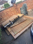 Household Garden waste, half hippo bag load, wood, shed debris, plastic, small mirror, roof vinyl, garden chairs.  Different angles shown in the pics. Access to yellow bag is to rear of property. Other waste is at front of property. KT19 - removed for £100