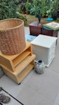 6 small tables, bags junk 4 bedside tables, small TV stand, coffee table, 4-5 small decorative items, bag of pillows etc, 2 boxes of junk KT3 - removed for £105