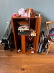 Furniture and boxes of rubbish 2 seater sofa, wooden media unit, small wine fridge, box of unwanted textiles, medium metal bin, medium plastic bin, 3x plastic tub bins, shoe rack TW2 - removed for £150