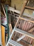 wooden cabinetry (broken up) Lots of broken down oak wood, a large wooden step ladder, some old tools, metalwork, old kitchen cabinet, drawer mechanisms etc TW8 - removed for £150