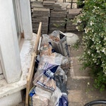 Rubble bags + concrete pavers 11 rubble bags:
4x plaster
4x bricks/slabs (filled less and portable)
2 timber
1 other (plaster/electrical/etc)
--
1 door + 1 small particle board
1 concrete bird pool
62 thin, square equivalent concrete pavers (some larger than square, some smaller than square); could be reuse though some have chipped edges and concrete stains NW5 - removed for £200