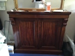 3 bookcases and 1  coatstand Bookcase 1, rosewood display cabinet with glazed upper doors. 2m(h) x 155 (w). The top half lifts off. 
Bookcase 2, mahogany 2 door with 2 shelves. 109 cm (H) 123xm (w). 
Bookcase 3, open mahogany 4 shelves. 150cm (h) x 97 (w)
Coatstand mahogany with drawer, umbrella stand, mirror and tiled insert. 2m (h) x 90cm (w) BR5 - removed for £220