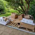 Pallet, rail, boxes pallet, solar rail and various foam, boxes of rubbish NR28 - removed for £125