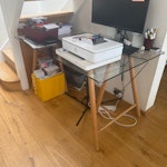 4 seater L shaped sofa + desk L shaped 4 seater sofa
Glass desk on wooden legs
Both items must be taken apart in order to fit at the stair case. SW7 - removed for £175
