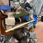 Old items wall unit Old mobility items 2 bedside table one chest drawers 1 book case dustbin bans 20 old hoovers card table old wood old small carpet mobility chair and walkers 3 side tables just household IG7 - removed for £150