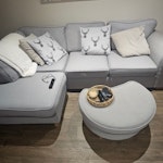 Corner sofa and foot stool Corner sofa and puffet.
Scatter cushions not included. LS25 - removed for £0