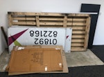 Old Shop Sign & Palettes Old shop front sign, wooden palettes (measures approx 8ft across), old plasterboard and cardboard. Can be collected anytime, we are open Mon-Fri 9-5 BN22 - removed for £80