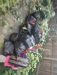 Bin bags and household items 2 small pushchair frames, suitcase, 2 broken airers, small shelving unit (taken apart), plastic bin, kids coat stand, rubbish bags with non perishable household items (toys, linen, kitchen items) N8 - removed for £125