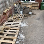 Wooden Pallets and old turf Around 20 wooden pallets
Wooden box and wire frame that rocks were delivered in
Small pile of leftover turf
Cracked green bin CV31 - removed for £400
