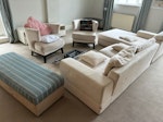 Furniture 2 lounge chairs, large t-shape sofa in 2 pieces, large ottoman, plastic outdoor armchair, metal towel stand. The 3 chairs and ottoman may be reusable. N1 - removed for £200
