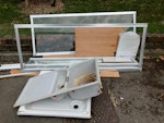 shower, sink, wood, weee Shower cabinet (dismantled), sink, various odds and ends of wood, an upright hoover and a box of other elextrical bits and bobs. SE19 - removed for £75