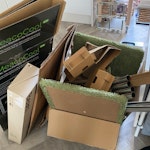 Various material waste 1 x condensed cat tower. (Metal bolts, fabric, wood)
1 x clothes dryer (Metal, plastic)
3 x cardboard boxes. (1 broken down, 1 filled with the above waste, 1 hard to break down)
2 x polystyrene medium sized inserts SE25 - removed for £50