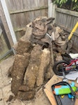 roots, rubble + earth, 6 bags broken slabs, edging concrete, tree roots and earth with shingle mixed in. six bags of earth/stones mix CM12 - removed for £140