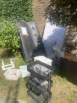 living room junk, bedframe small leather sofa, single bed frame, fabric headboard, metal kitchen trolley, whiteboard, wall corkboard, freestanding electric fan, plastic office chest of drawers, kitchen cutlery divider, two boxes of living room / household furnishing / accessories. SW10 - removed for £125