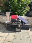 3 suitcases, 1 coffe table.. 3 suitcasses
1 coffe table
1 chair
1 little batroom furniture
1 bin
2 old wooden mettalic garden stuff W4 - removed for £100