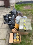 random rubbish + dish washer 1. random pile of household rubbish
2. dishwasher- unsure if still working 
3. brown bin - garden waste removal required 
4. black bins with garden waste + household rubbish + some food. AL7 - removed for £180
